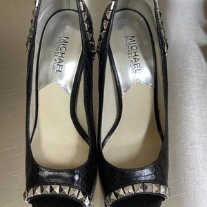 Michael Kors Black textured snakeskin with silver studs peep toe heel